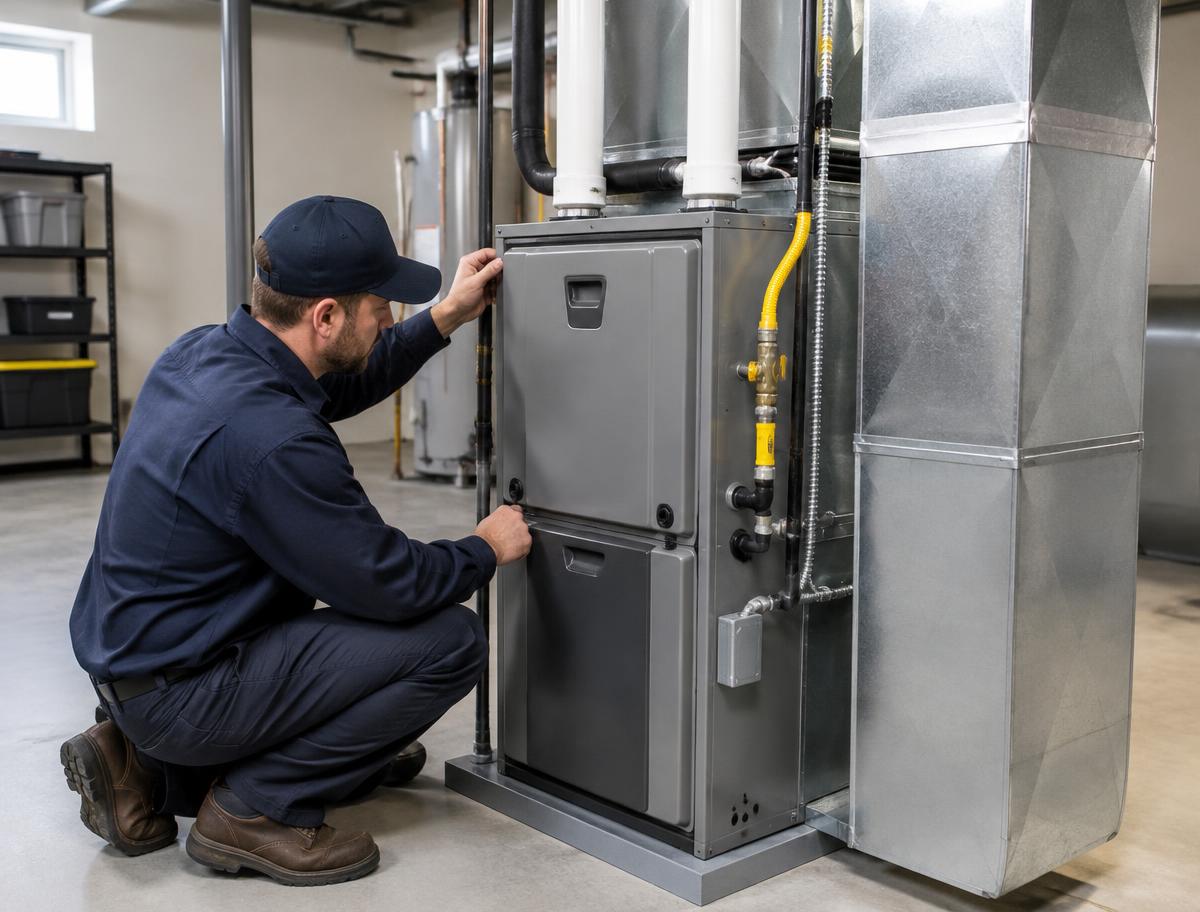 Technician inspecting a residential furnace